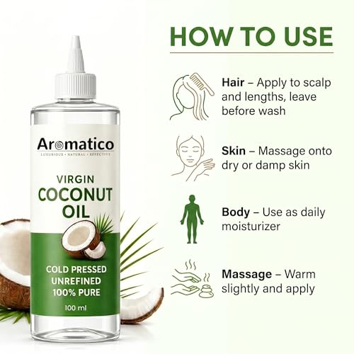 Image of AROMATICO 100% Pure Virgin Coconut Oil Cold Pressed for Healthy Hair & Skin, Natural solution for Moisturised Skin, Hair Care & Body - 100ml