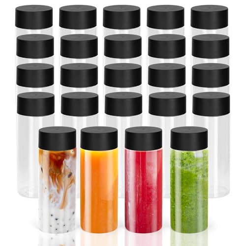 GSHYMXT 24 Pcs Clear Plastic Bottles Empty Sensory Bottles with Caps,12 Oz/ 350 ml PET Plastic Juice Reusable Leakproof Drink Container Bulk for Juice Milk (Black Lid)