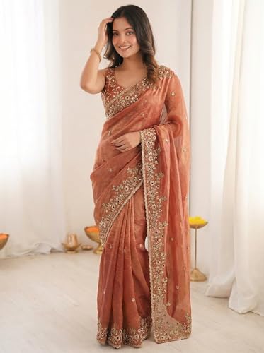 Image of ORHANS Women's Tissue Silk Ethnic Motifs Embroidered Tissue Heavy Work Saree with Embroidered With Unstitched Blouse Piece Blouse Piece | Beautiful Saree for Women | Traditional Indian Sari