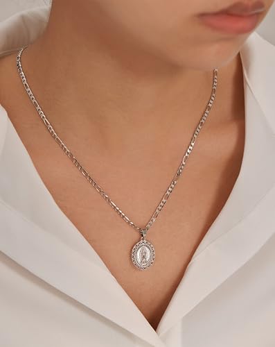 Kyhvoux Virgin Mary Necklace for Women, Silver Plated Copper Virgen de Guadalupe Charm Pendant, Our Lady Valentine Mother's Christmas Blessed Christian Catholic Gifts for Her Jewelry Box Figaro Chain — view 2