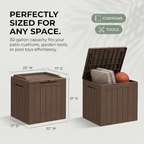 VICTONE Resin Deck Box Large Outdoor Storage for Patio Furniture, Garden Tools, Pool Supplies, Weatherproof and UV Resistant, Lockable (Brown, 30 Gallon) — view 5