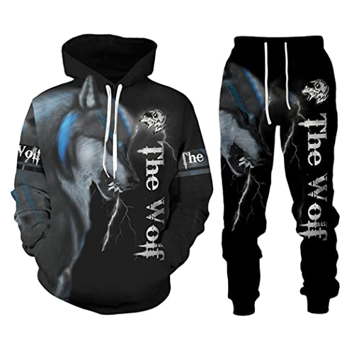 Sweat à capuche loup 3D et pantalon pour homme style décontracté en automne