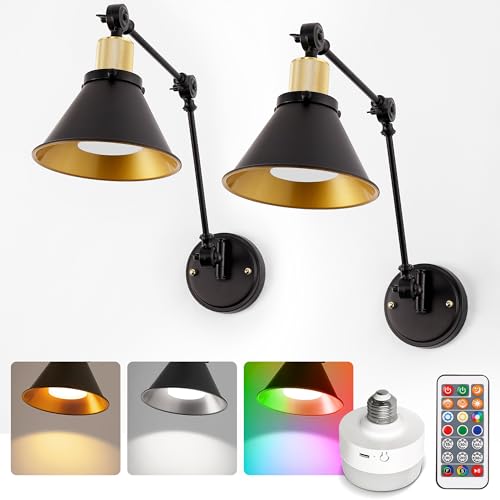 Image of DORESshop Battery Operated Wall Sconce, Dimmable and Adjustable Color Temperature Wireless Wall Sconces Set of Two with Remote Control, Swing Arm Wall Sconce for Bedroom Bedside Hallway Kitchen