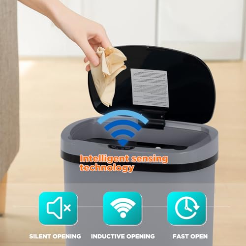 Image of BestOffice | 13 Gallon Plastic Trash Can with Lid | Gray | Automatic Touchless Garbage Can | Odor Control | Modern Oval Design | Easy to Clean | For Kitchen, Bathroom, Office or Home