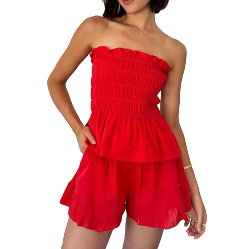 LouVasabuce Women Summer 2 Piece Vacation Outfits Solid Color Sleeveless Backless Smocking Tube Top Ruffle Shorts Set Pjs Red