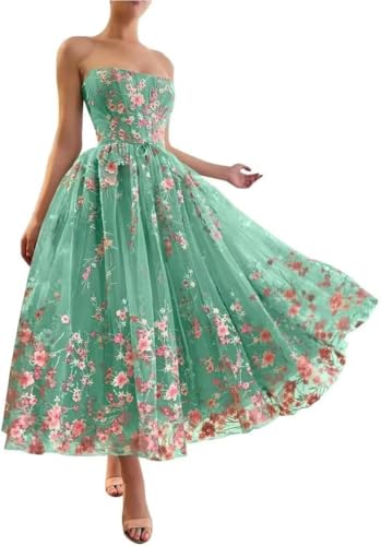 Jamille Tea Length Prom Dress with Pocket Strapless Dloral Gown Ball Gowns Tulle Formal Evening Dress Sleeveless JA0011