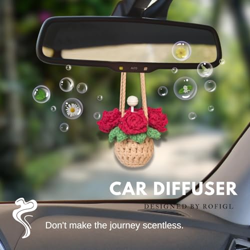 Image of ROFIGL Handmade Crochet Hanging Car Air Freshener - Romantic Red Rose Design, 12ml Refillable Thick Glass Bottle, Car Diffuser for Rearview Mirror, Home & Office Romantic Decor