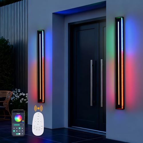 VINLUZ 2 Pack RGB 48Inch Linear Exterior Sconce Garage Outside Wall Light for House,Metal Modern Long Acrylic Strip LED Outdoor Wall Lights Fixture in Black Finish by VINLUZ - Used condition - US$238.45