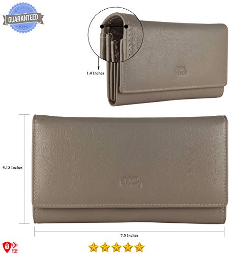 Image of Women's Top Grain Leather Wallet, RFID Blocking Bifold clutch, 17 Card Slots, Zip Pocket Organizer, Elegant Gift for Women - Birthday, Valentine, Anniversary - TAUPE