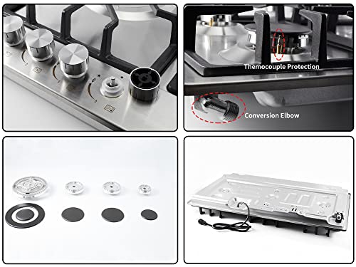 Weceleh 34 Inch Drop Built-In Gas Propane Cooktops Stove Tops 4 Burner, Dual Fuel Ng/Lpg Convertible, Thermocouple Protection, Stainless Steel, 37600 Btu Total Output #TOP5