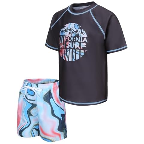 Zestonie Boys Rash Guard Set for Kids Boys 2 Piece Short Sleeve Swim Shirts with Trunks Quick Dry Bathing Suits Swim Set Black Surf Tie Dye Size 5/6 Cover