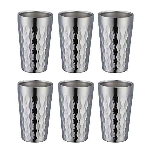 QRU Stainless Steel Cup Set of 6, Double Wall Textured Stainless Steel Mug, 10oz Ideal for Office, Car, Party (6, Silver)