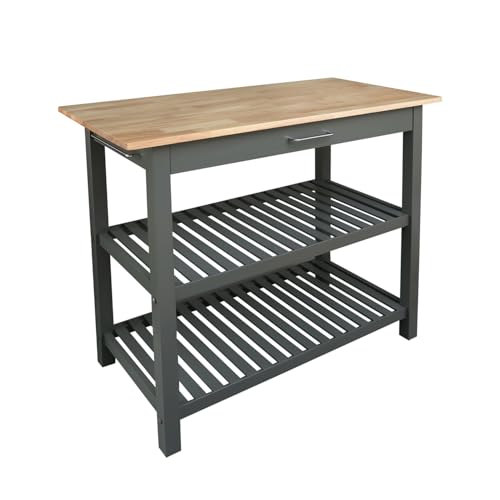 HomeStock Solid Wood Kitchen Island with Drawer & Towel Bar - Multipurpose Prep Table Grey and Natural
