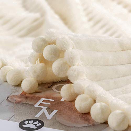 Dissa Fleece Blanket Throw Size – 51X63, Beige – Soft, Plush, Fluffy, Fuzzy, Warm, Cozy – Perfect Throw For Couch, Bed, Sofa - With Pompom Fringe - Flannel Blanket Throw Blanket #TOP2