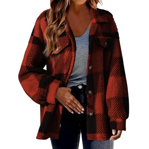 Sherpa Jacket For Women Fuzzy Fleece Winter Coats Plaid Button Down Shacket Casual Warm Teddy Coat Outwear 2023