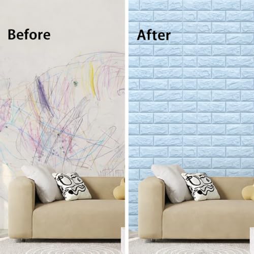 Image of 3D Self Adhesive Foam Brick Wallpaper Peel and Stick Waterproof Wall Panels Soundproof Wall Sticker for Living Room Bedroom Kitchen Home Office Interior Decoration (Pack of 10, Blue)