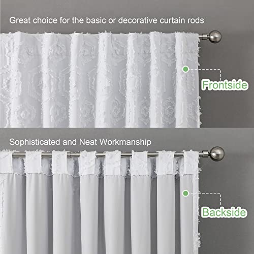 Owenie White Blackout Curtains 96 Inch Length 2 Panel Set For Bedroom, 100% Blackout Ruffle Design 3D Jacquard Clip Double Layer Rod Pocket Panel Drapes For Living Room, 2 Pcs, Each 52 X 96 Inch #TOP4