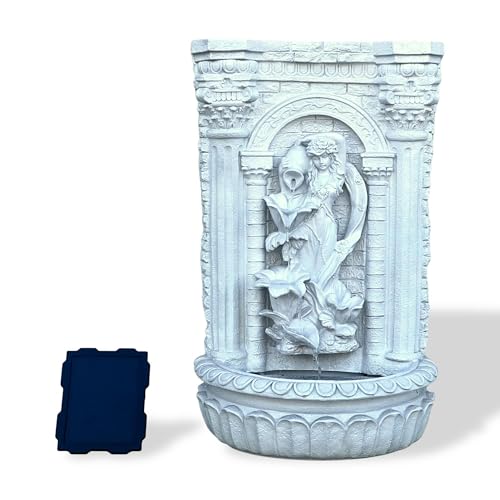Image of XBrand 30.3 inch Solar-Powered Wall Mounted Water Fountain with Maiden & Floral Detail, Tiered Waterfall Design for Garden, Yard or Courtyard, Durable Polyresin, Antique Stone