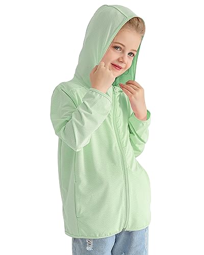 Auranso Kids Zip-Up Hoodie Girls Boys UPF50+ Sun Protection Jacket Hooded Cooling Shirt Light Green 7-8 Years