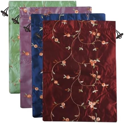 Embroidery Silk Flower Shoe Bag 4Pcs Drawstring Silk Jacquard Travel Bag Underwear Bags Washable Big Sachet Bag Storage Bags for Men Women