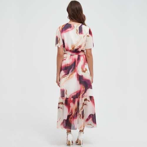 Image of Women's Summer Bohemian Floral Chiffon Dress Cap Sleeve V Neck Ruffle Long Flowy Boho Casual Vacation Dresses