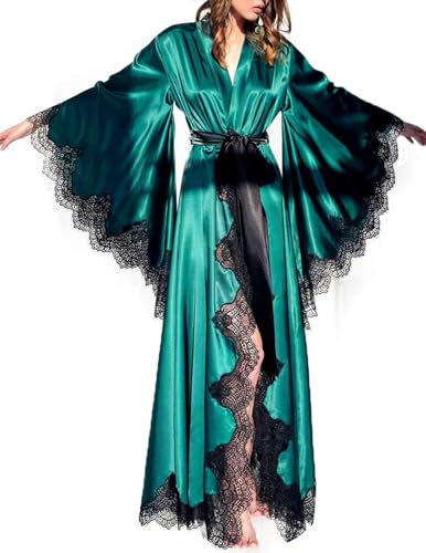 BATHGOWN Women's Satin Robe Long Silk Kimono Lightweight Lace Bridal Party Wedding Getting Ready Long Robe