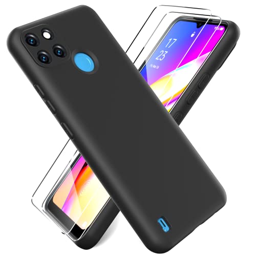 Ikziwreo Funda para Realme C21Y(C21-Y)/Realme C25Y + [2 Pack] Protector Pantalla, Carcasa de Silicona Líquida Gel Ultra Suave Funda con tapete de Microfibra Anti-Rasguño - Negro Cover