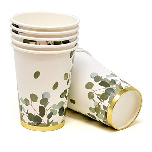 Eucalyptus Greenery Party Supplies Disposable Tableware Set Gold Foil Floral Leaf Garden 24 9" Paper Plate 24 7" Plate 24 9 Oz Cup 50 Lunch Napkin For Jungle Safari Baby Bridal Shower Birthday Wedding #TOP3