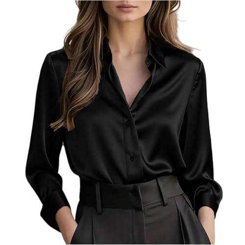 Womens Satin Blouse Lightweight Long Sleeve Button Up Shirt Slim Fit Comfy Soft Lapel Collar Satin Shirts Cute Aesthetic Work Dressy Blouses Trendy Fall Y2k Blouse Outerwear Black L