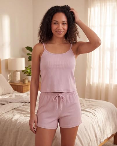Image of Real Essentials 2 Pack: Women's Ribbed Cropped Cami and Short Set Pajama Sleep Lounge Sleepwear PJ Soft Drawstring Shorts