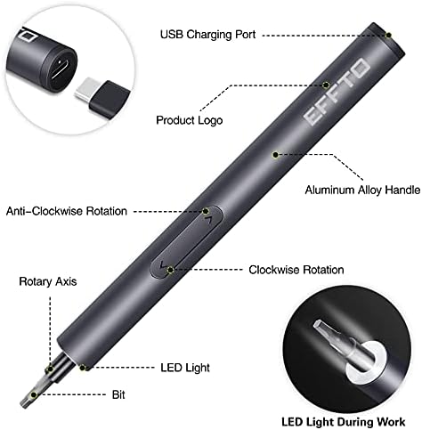 EFFTO Mini Electric Precision Screwdriver Set, 350mAh Lithium Battery Rechargeable Power Screwdriver, with 24 Precision Bits and 3 LED Work Lights, Compact Repair Tool Set for Phone Watch Camera