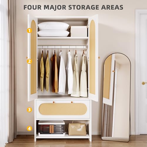 DWVO Natural Rattan Armoire Storage Cabinet, 70" Tall Rattan Closet with Doors, Large Wardrobe Cabinet with Storage Drawers & Hanging Rod, Bedroom