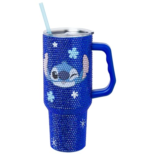 Image of Silver Buffalo Disney Lilo & Stitch Wink Face Stainless Steel Tumbler, 40oz | Disney, Blue, 1.2 Liters, Double-Walled, Handle, Straw, Straw Cap, Rhinestone Finish