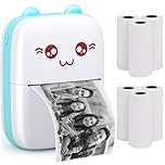 Portable Printer, Mini Pocket Wireless Bluetooth Thermal Printers with 6 Rolls Printing Paper for Android iOS Smartphone, BT Inkless Printing Label Receipt Photo Notes Study Home Office, Blue