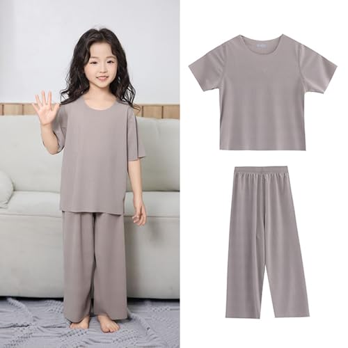 Girls Summer 𝐏ajamas Short Sleeve Tshirt Pants Set Wide Leg Kids Soft 𝐏𝐣𝐬 Plain Matching Outfits Breathable2