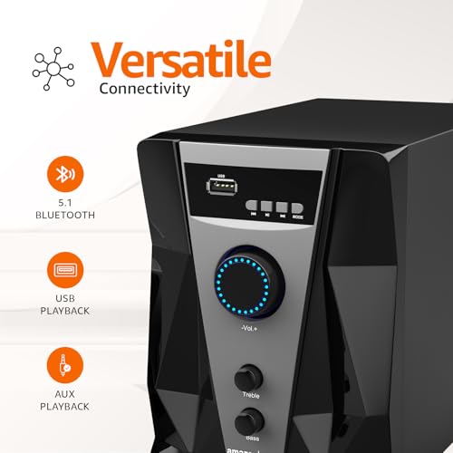 Image of Amazon Basics Wired 2.1 Multimedia Speaker with Remote | 50 W RMS | Bluetooth v5.1 | Aux in, USB, Micro TF Card | Compatible with TVs, Smart Phones, Tablets, PCs (Black)