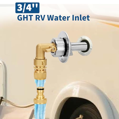 Image of All Metal RV City Water Inlet,City Water Inlet, with 90 Solid Brass Hose Elbow & 3 /4 inch GHT Quick Hose Connector, RV Water Inlet Replacement