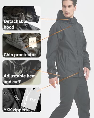 Acme Projects Regenanzug (Jacke + Hose), 100% wasserdicht, atmungsaktiv, Klebebandnaht, 10000 mm / 3000 g, YKK-Reißverschluss (Herren, XX-Large, Schwarz)