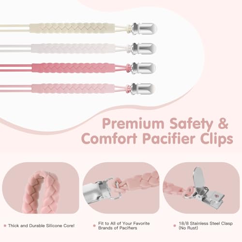 Image of TenderBabe Silicone Pacifier Clip for Baby Girls and Boys, Pack of 6 Soft Flexible Paci Binky Clips with One-Piece Braided-Style Design,BPA-Free Baby Essentials