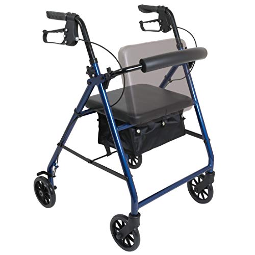 ProBasics Aluminum Rollator Walker with Seat - Rolling Walker with 6-inch Wheels - Foldable - Padded Seat and Backrest, Height Adjustable Handles, 300 Pound Weight Capacity, Blue