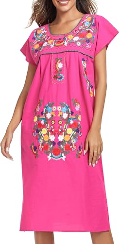 Image of YZXDORWJ Women Mexican Embroidered Long Dress Ruffle Collar Maxi Boho Floral Summer Short Sleeve