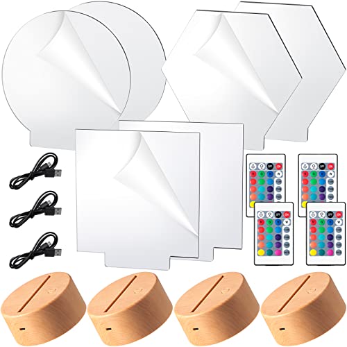 4 Pieces 3D Night Led Light Lamp Bases 6 Pieces Clear Acrylic Sheets Led Display Base Acrylic Blanks For Led Base Acrylic Light Panel With Remote Control, Usb Cable 16 Colors 4 Modes (Wood Color) #TOP11