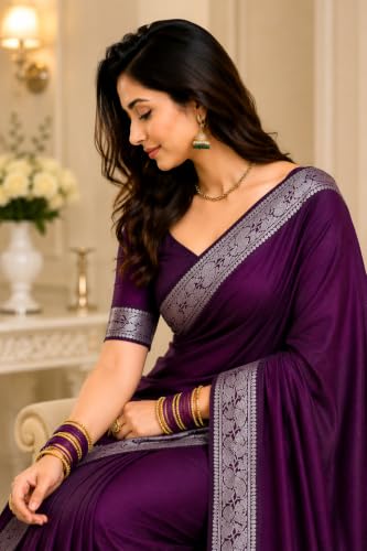 Image of Women's Glory Banarasi Satin Kanjivaram Saree Silver Zari Border Pure Soft Blend Silk Sari Kanchipuram Paithani Silk Party Wedding Festive New Ladies Sadi with Unstiched Blouse Piece.