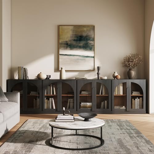 Image of BELLEZE 4-Piece Modular TV Stand Set,Modern Entertainment Center with Arched Glass Door,Sideboards with Adjustable Shelves & Wide Wooden Handle,Classic Media Console Cabinet for Living Room(Ebony)