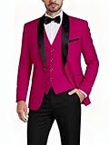 Hihawk Mens 3 Piece Tuxedo Set with Bow Tie, One Button Shawl Lapel Jacket Vest Pants, Slim Fit Suit Party Wedding Prom Tux, Fuchsia Large