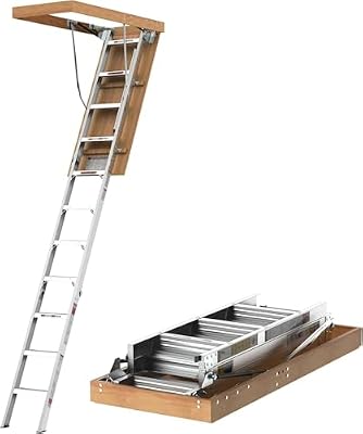 10 Foot Aluminum Attic Ladder Pull Down System for 54" W x 25" H Opening, Attic Access Ladder Drop Down Hidden Stairs, 350-Pound Load Steps for 7'8"-10'3" Ceiling Heights (Grey)