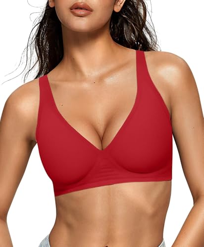OEAK Womens Deep V Bras Wireless Comfortable Bra Supportive No Underwire Bras Tshirt Push Up Bralettes Plunge Seamless Bra Red L