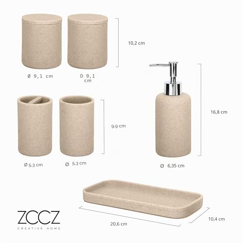 Miniatura 8 de Zccz Juego De 6 Accesorios De Baño Beige Con Dispensador De Jabón, 2 Soportes Para Hisopos, Soporte Para Cepillo De Dientes, Vaso De Baño Y Bandeja De Tocador, Organizador Decorativo Para Encimera