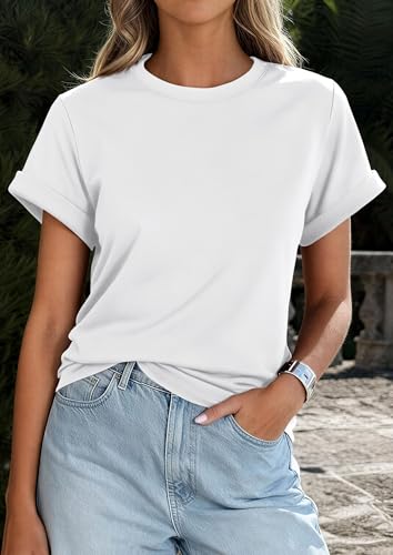 Image of PRETTYGARDEN Womens Summer Tops Short Sleeve Shirts | Lightweight Stretchy Knit,Rolled Sleeves,Crewneck Basic Tees,Loose Fit Daily T Shirt,Casual Work Travel Vacation Outfits
