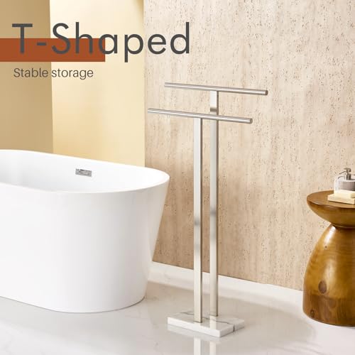 Image of KOKOSIRI Towel Rack Free Standing Brushed Nickel 2-Tier Towel Holder for Bathroom Floor Stand with Heavy Marble Base Thicken Steady Design Stainless Steel THS0005-BR
